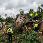 Storm-damaged tree fallen on a house in Oklahoma while emergency tree removal crews assess the damage.